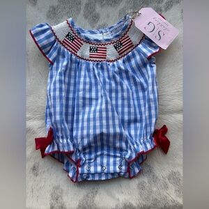 Rylee Blake Designs Flag Embroidery Smocking Girls Romper